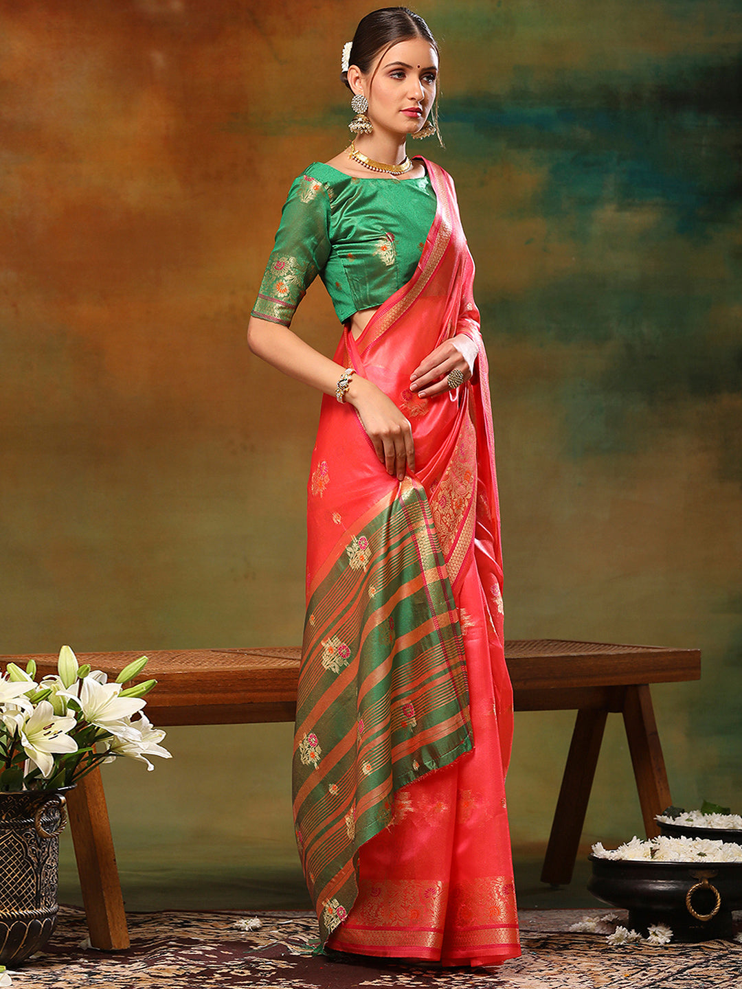 Organza Green Woven Design Designer Saree With Blouse