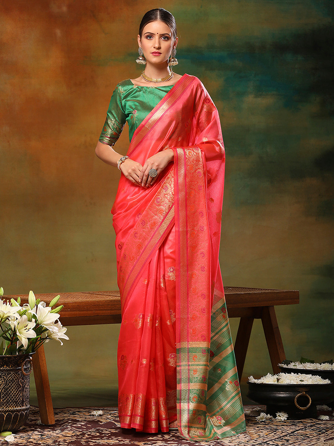 Organza Green Woven Design Designer Saree With Blouse