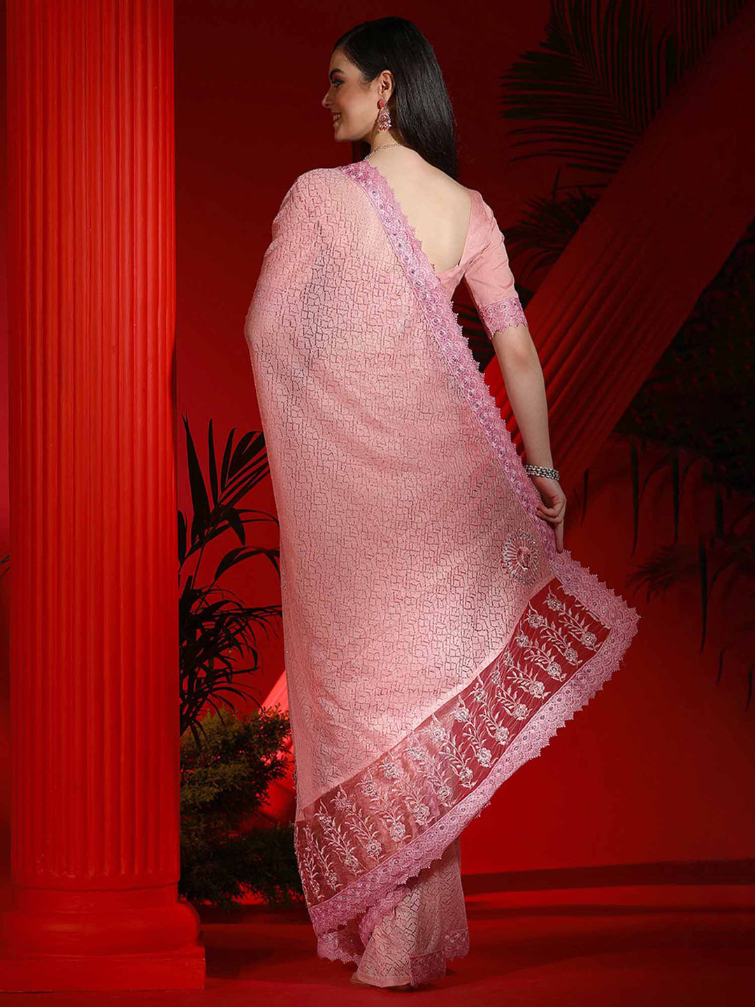 Net Pink Embellished Designer Saree With Blouse