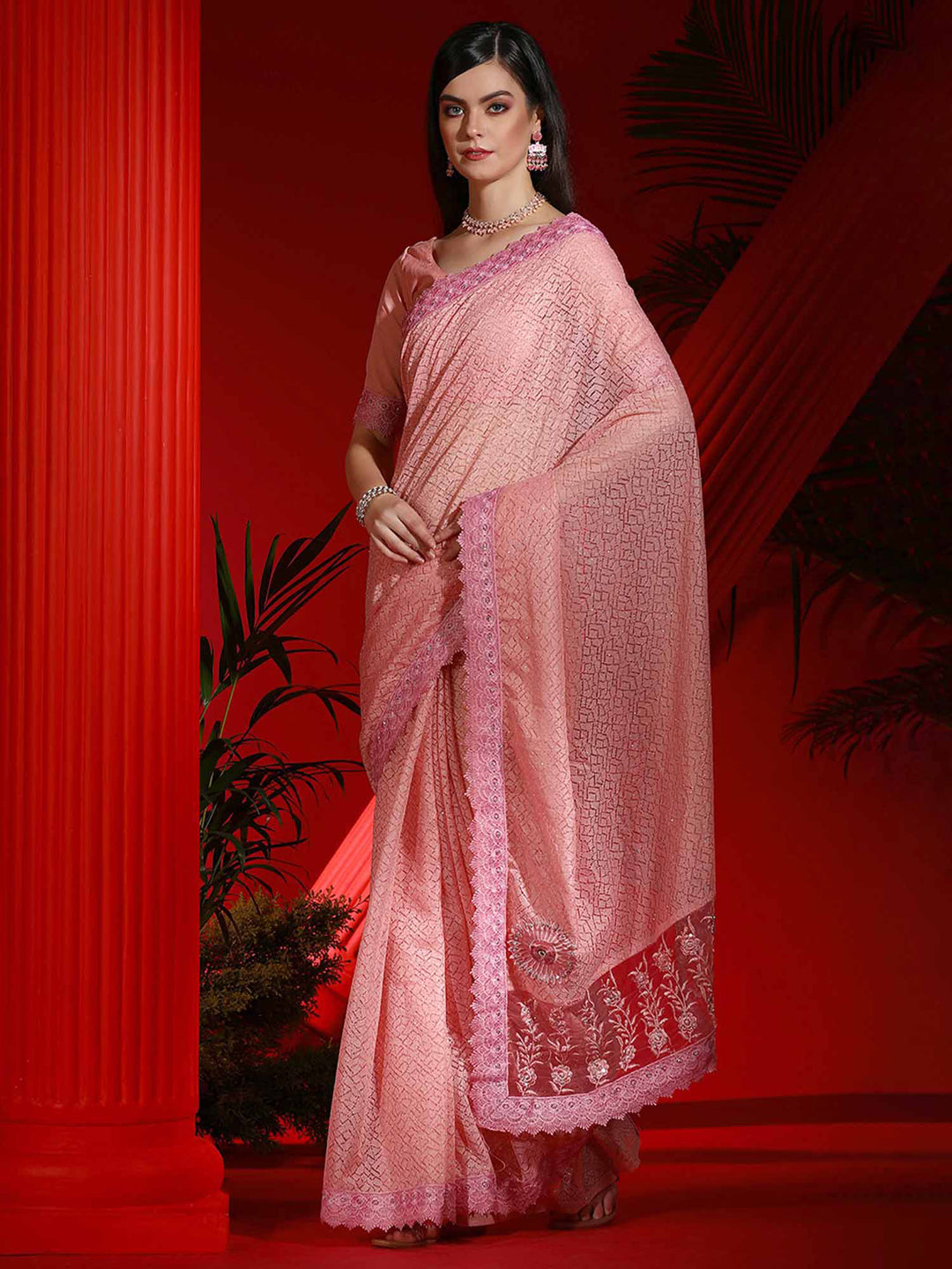 Net Pink Embellished Designer Saree With Blouse