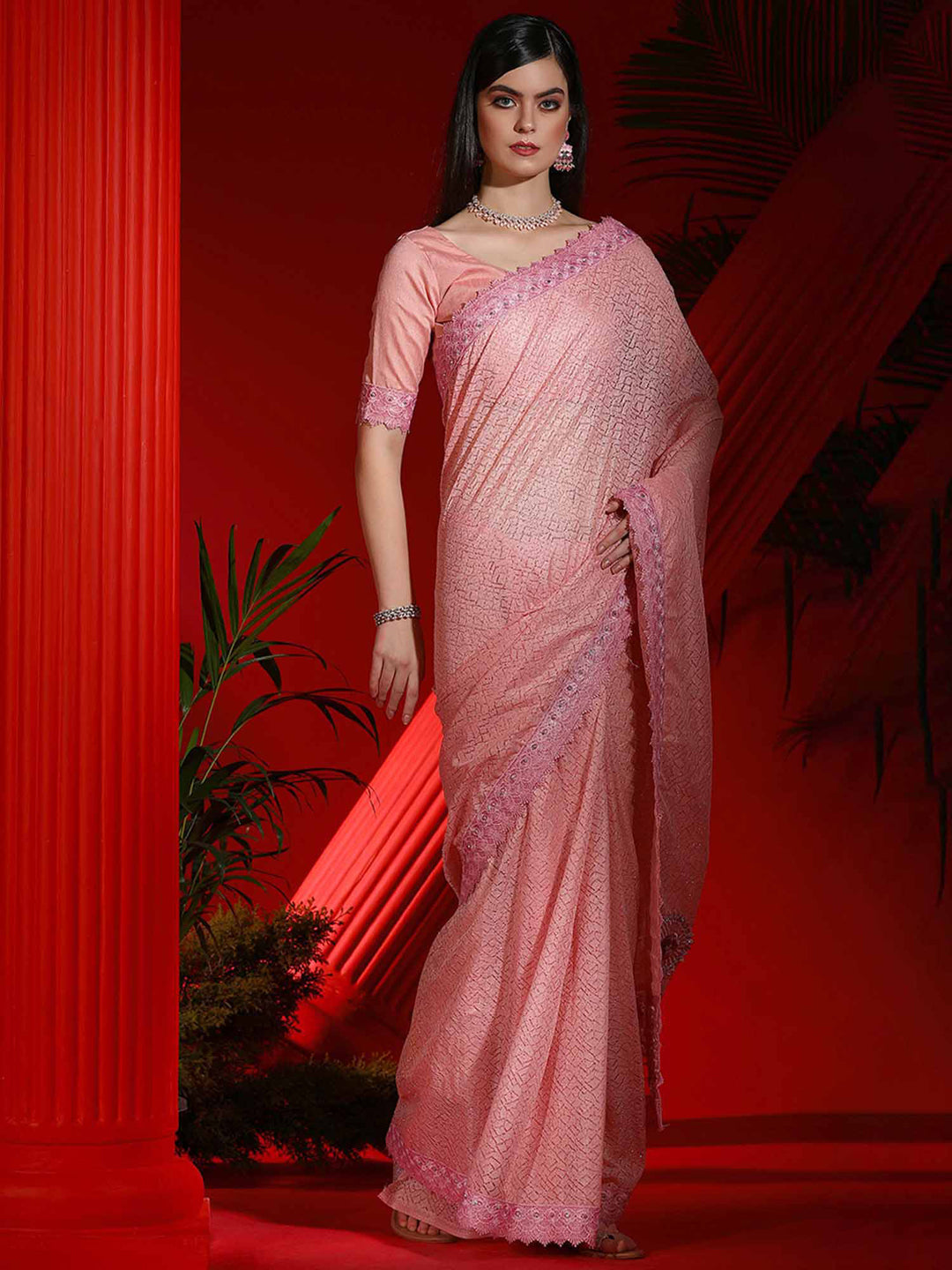 Net Pink Embellished Designer Saree With Blouse