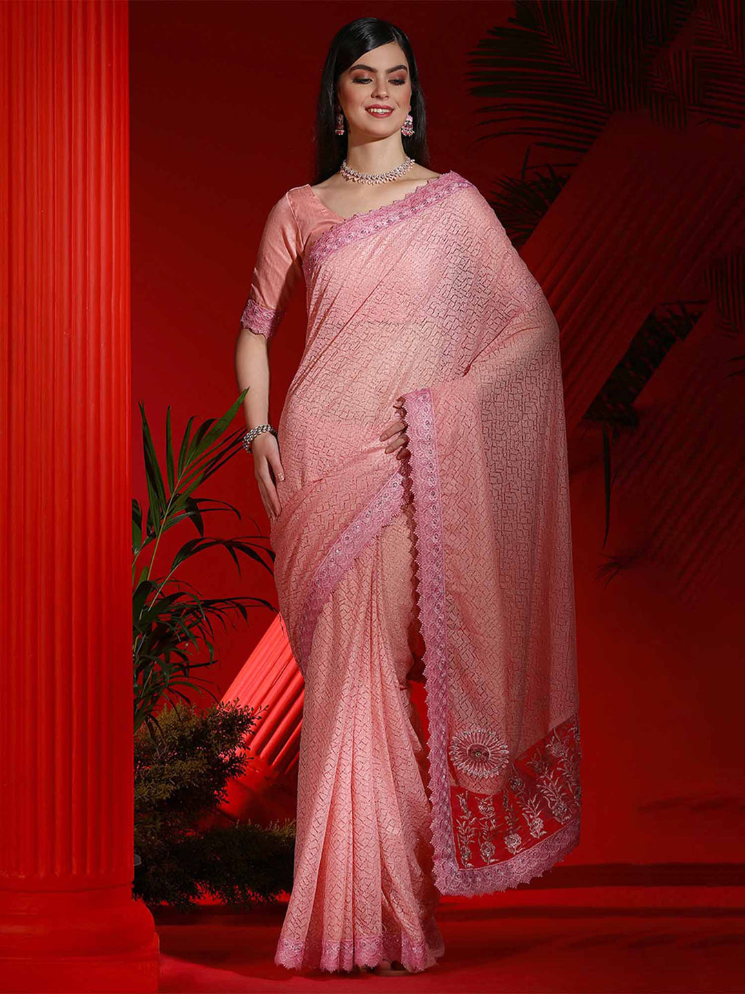 Net Pink Embellished Designer Saree With Blouse