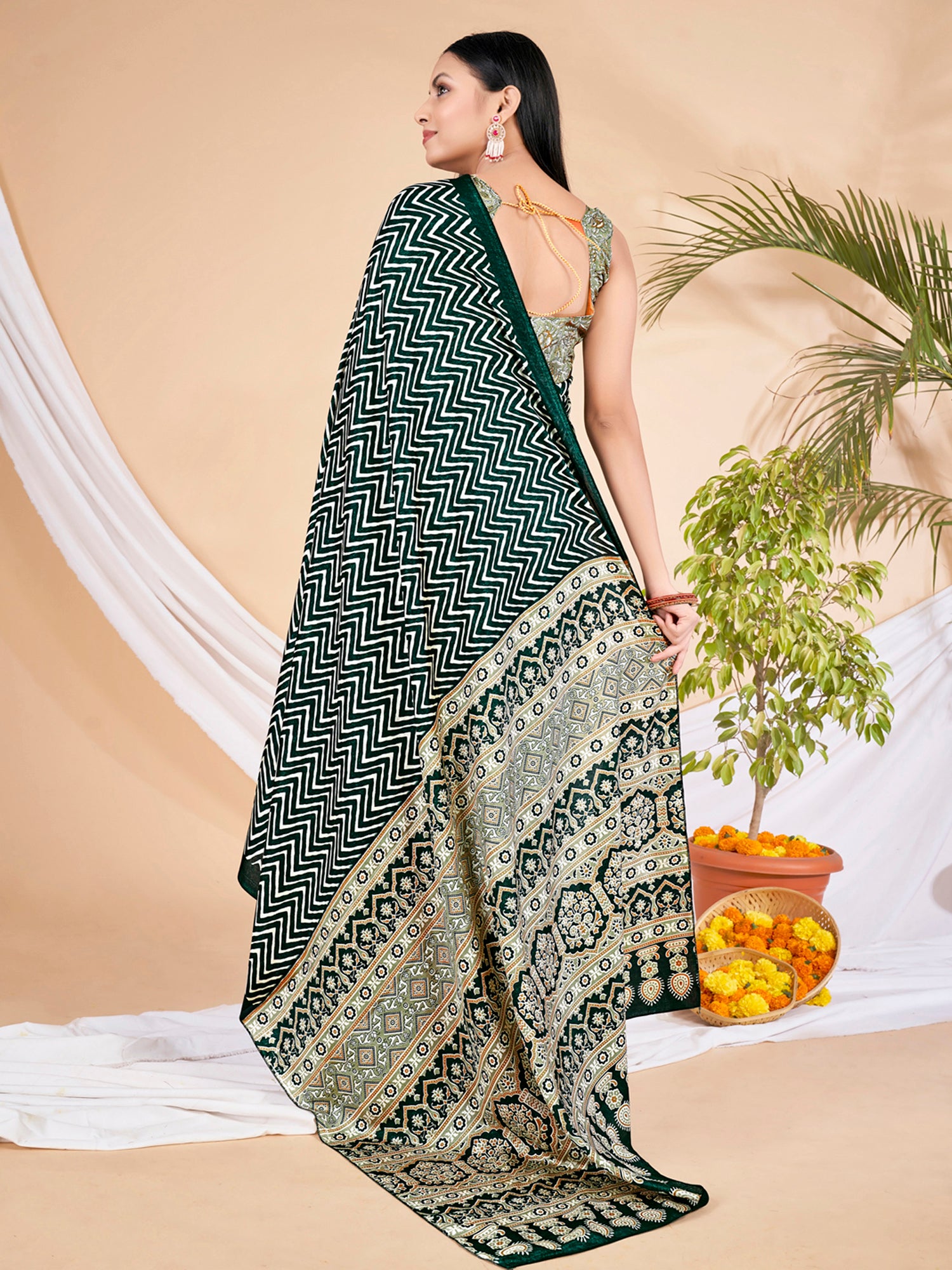 Dola Silk Dark Green Printed Designer Saree With Blouse