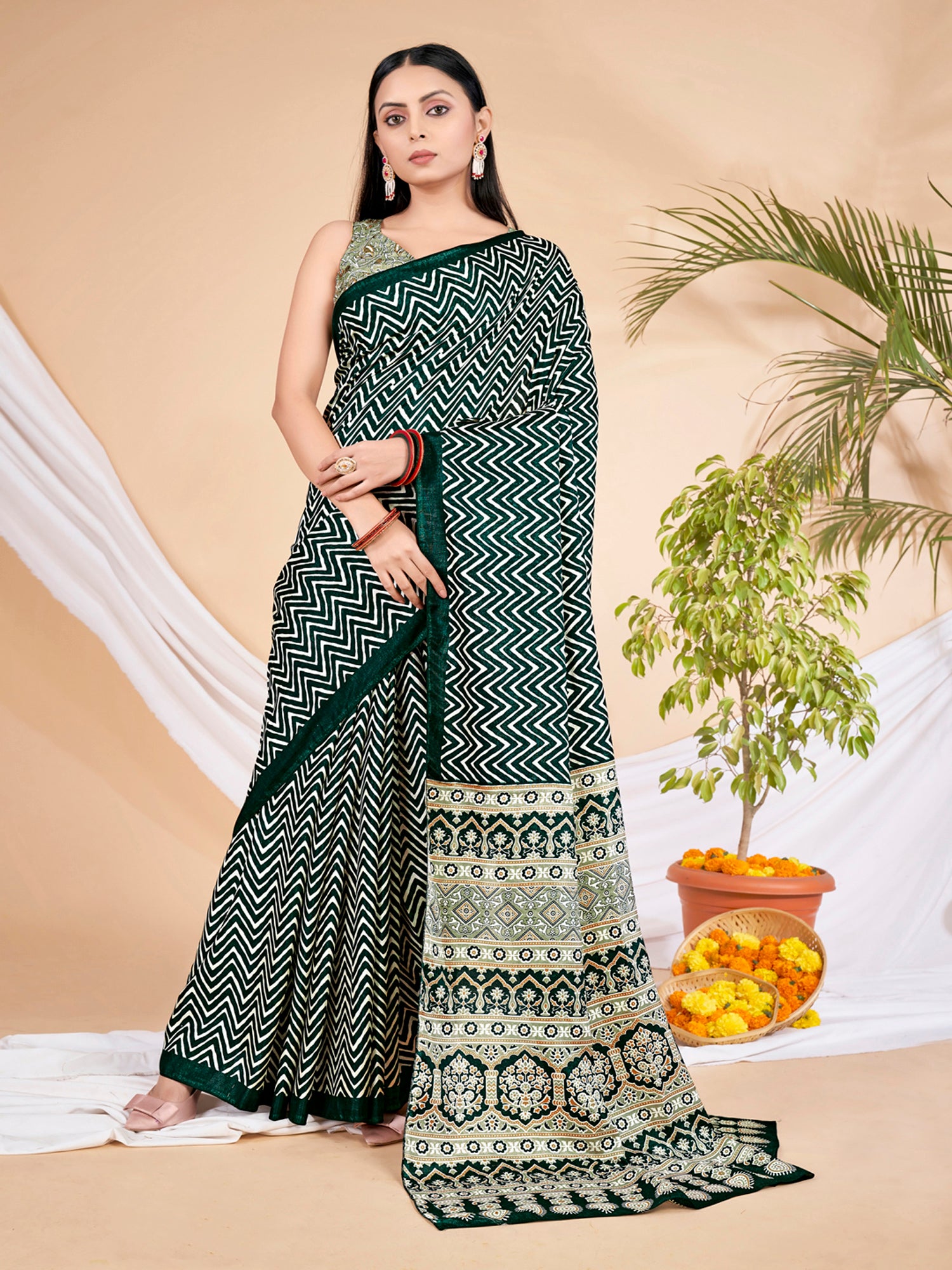 Dola Silk Dark Green Printed Designer Saree With Blouse
