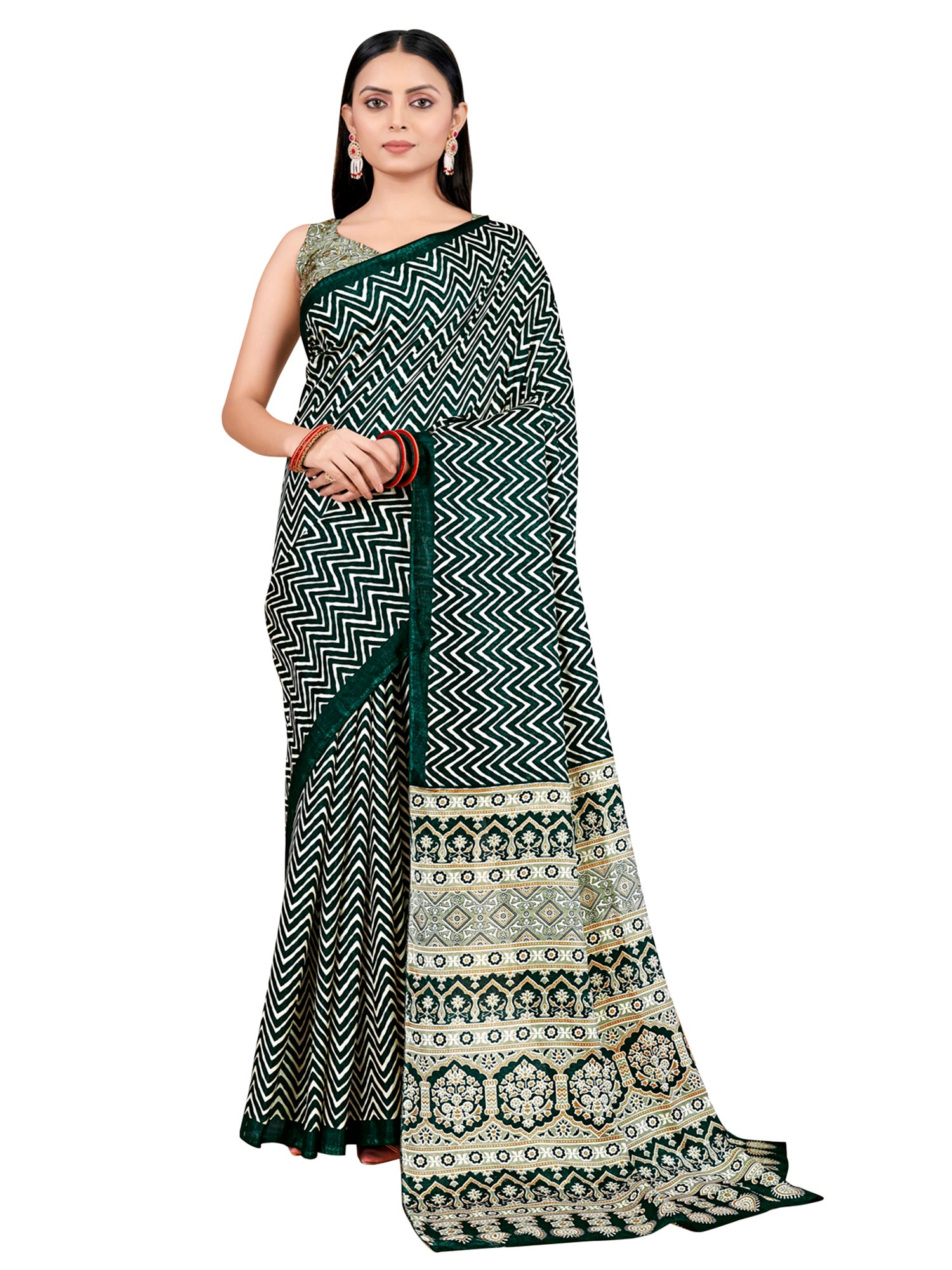 Dola Silk Dark Green Printed Designer Saree With Blouse