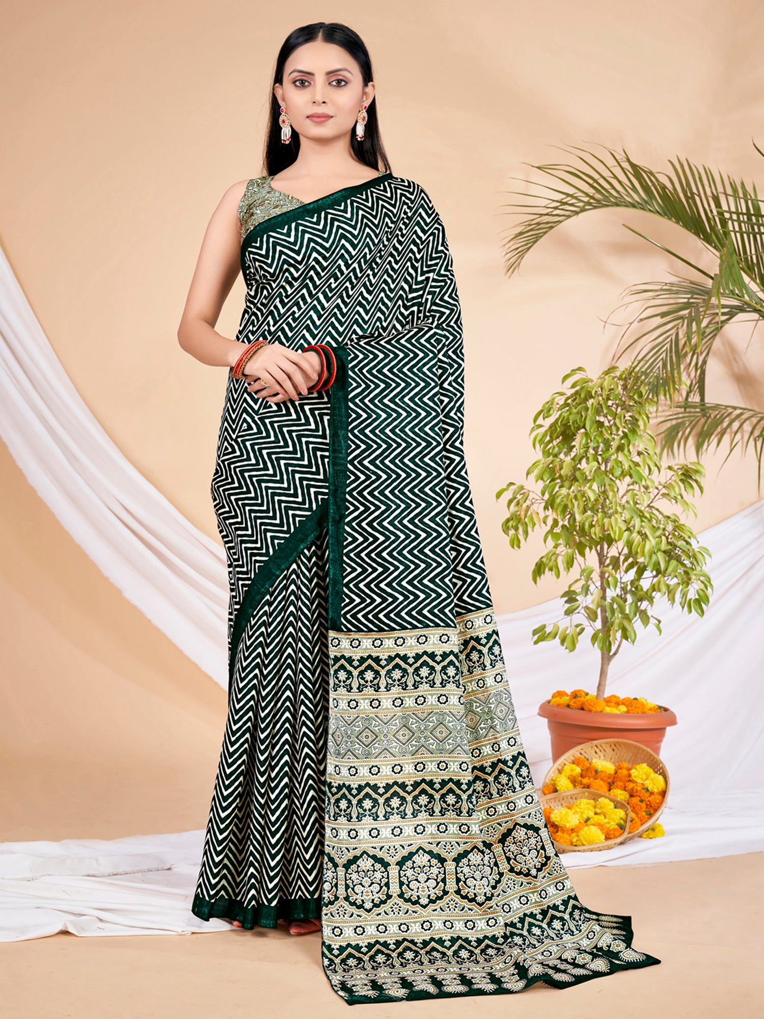 Dola Silk Dark Green Printed Designer Saree With Blouse