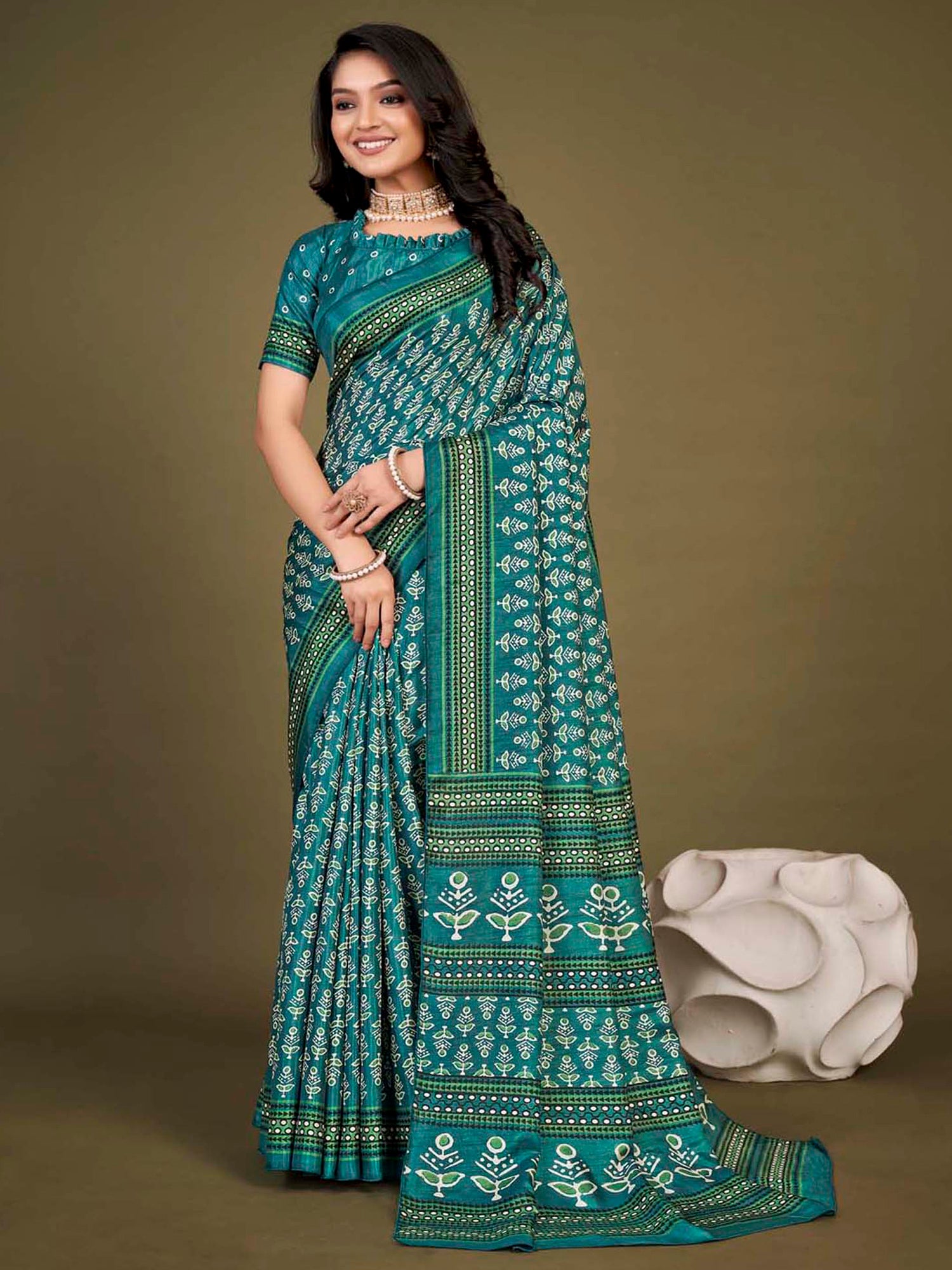 Dola Silk Teal blue Printed Designer Saree With Blouse