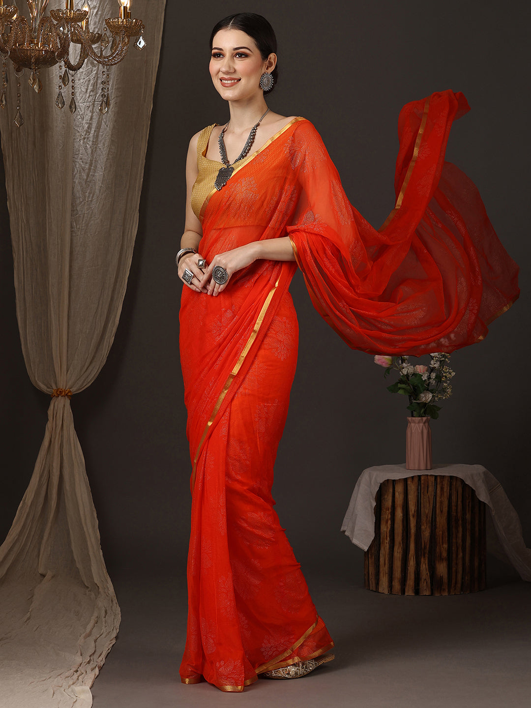 Chiffon Orange Embellished Designer Saree With Blouse