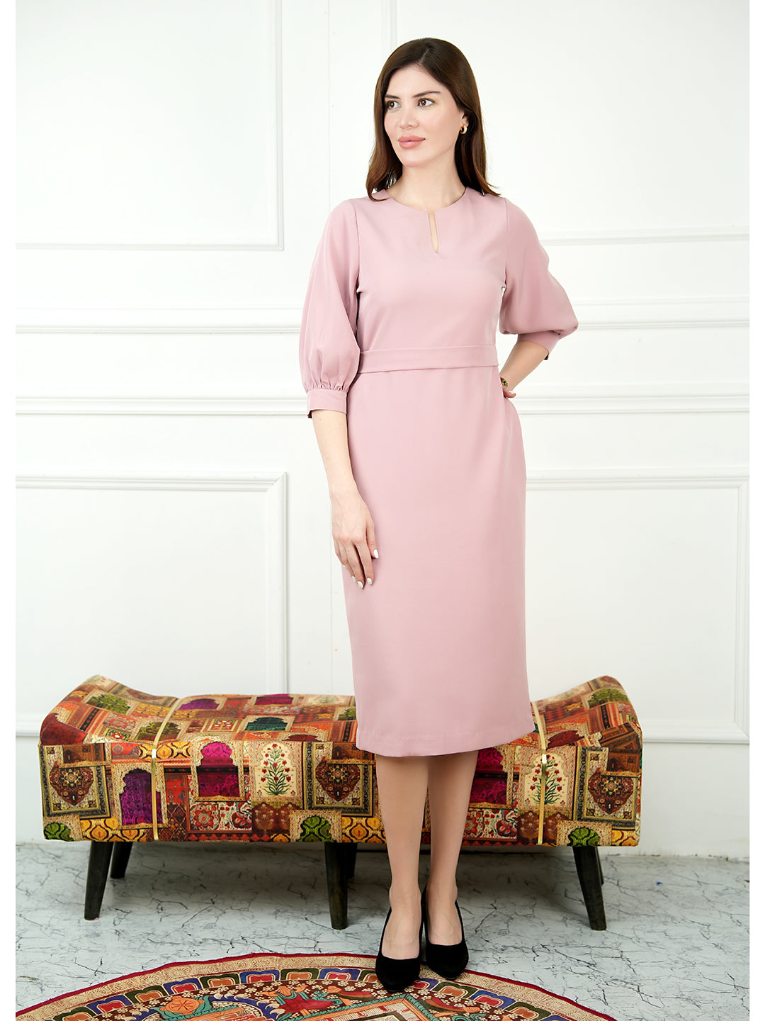 Exude Bright Low 3/4 Puff Sleeve Dress