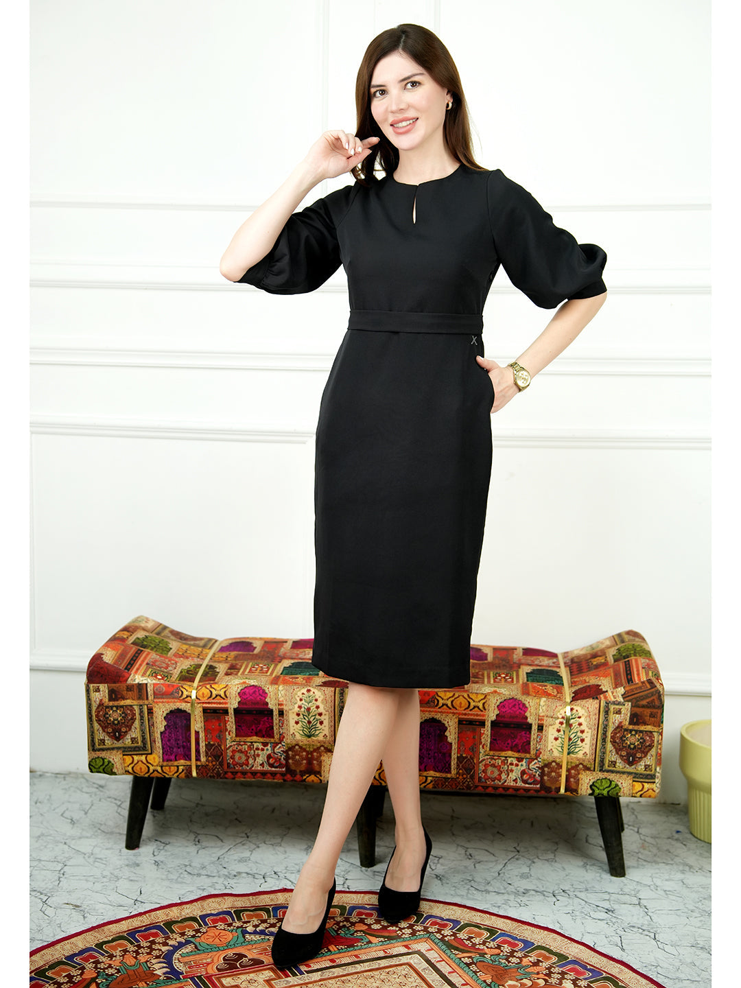 Exude Bright Low 3/4 Puff Sleeve Dress