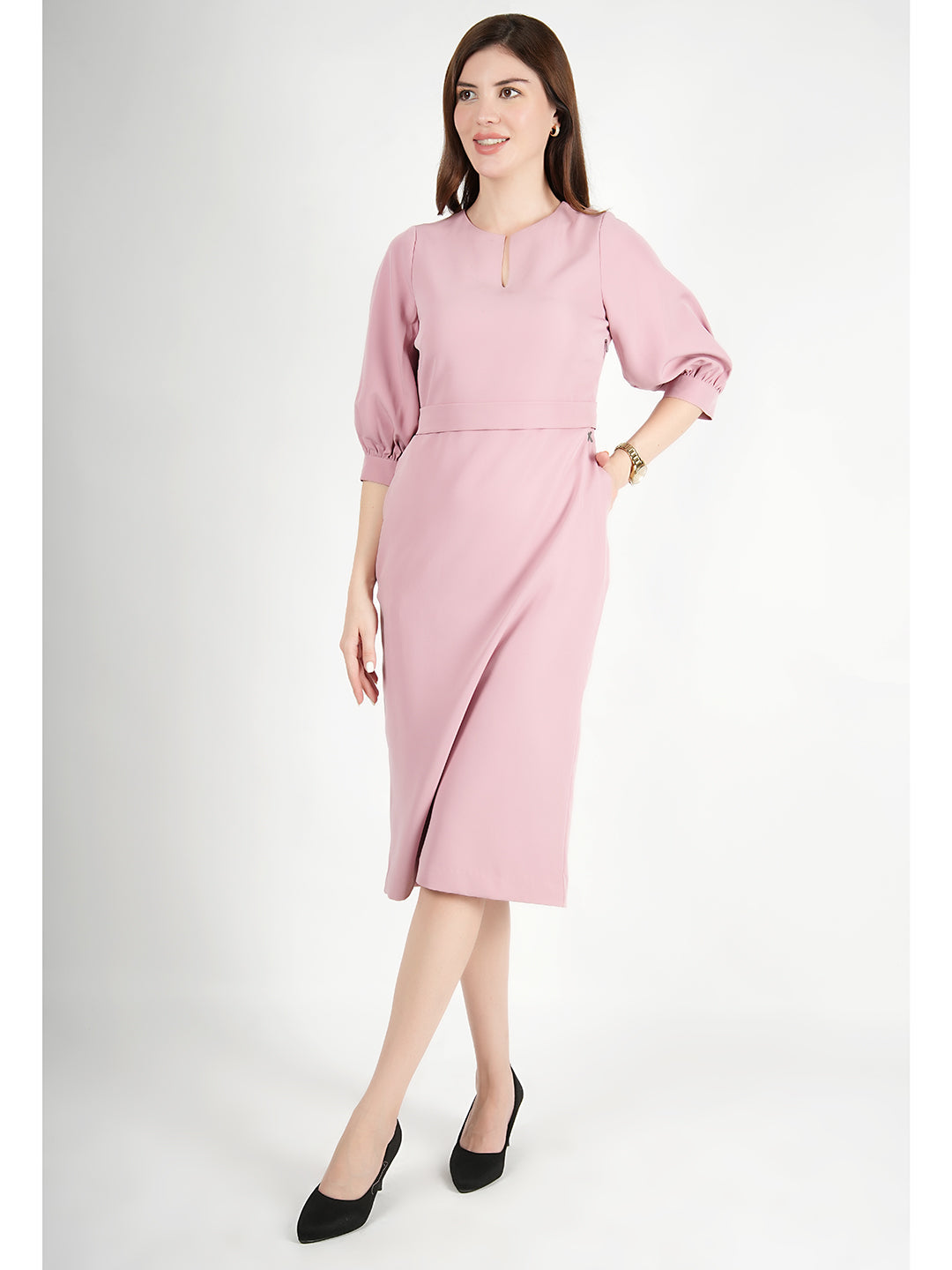 Exude Bright Low 3/4 Puff Sleeve Dress