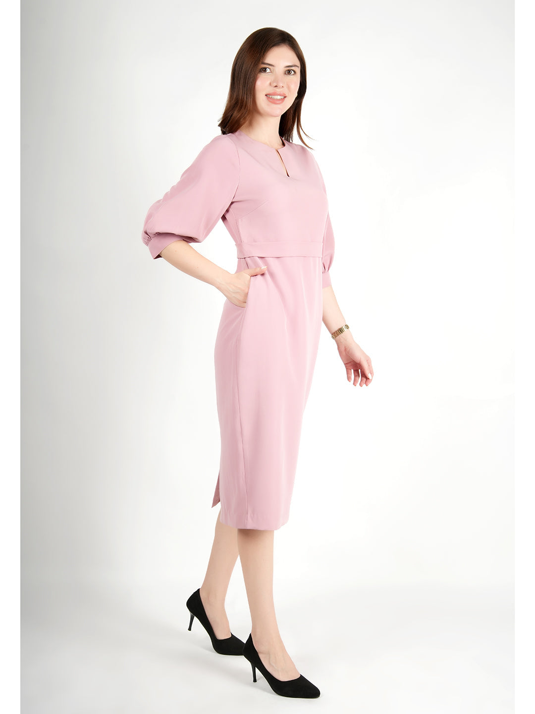 Exude Bright Low 3/4 Puff Sleeve Dress