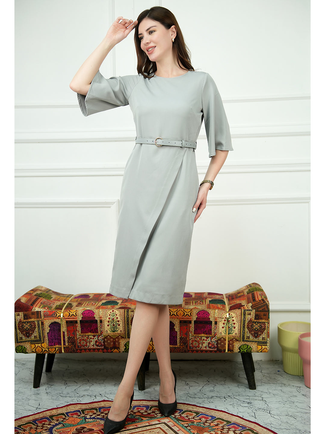 Exude Bliss Bell Sleeve Dress with Belt