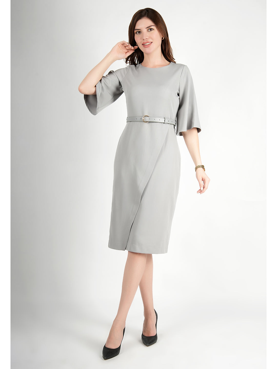 Exude Bliss Bell Sleeve Dress with Belt