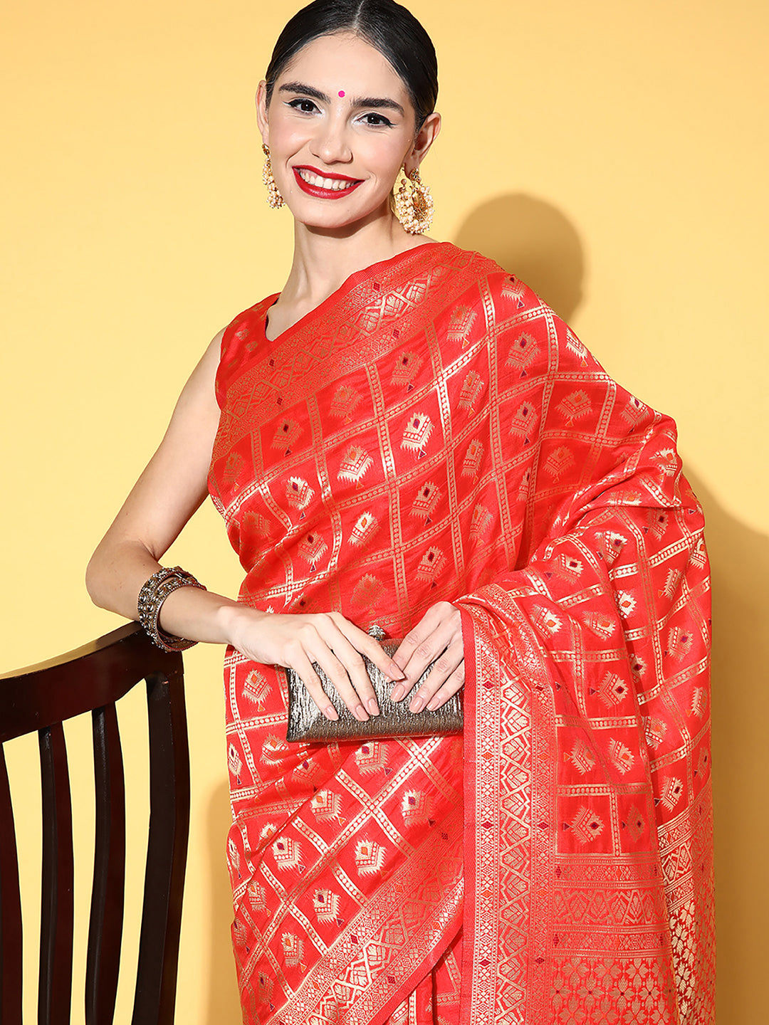 Silk Blend Red Woven Design Designer Saree With Blouse