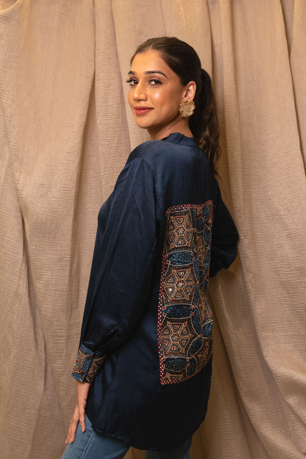 Blue Modal Silk Ajrakh Patched Shirt