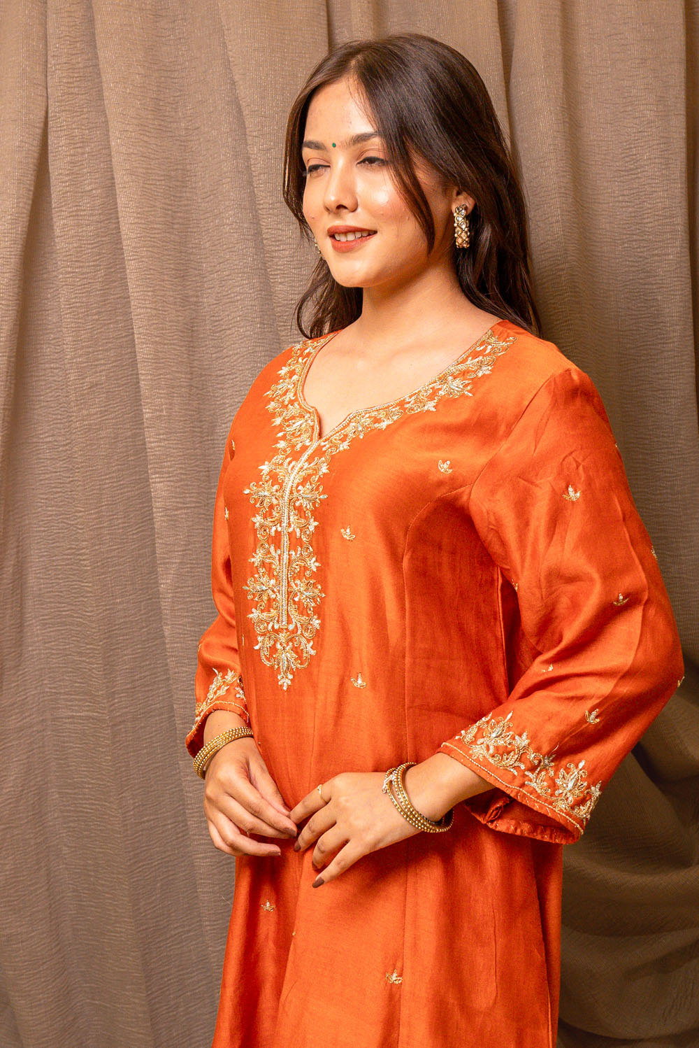 Orange Golden Embroidered Chanderi Silk Suit Set