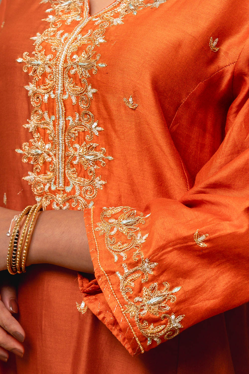 Orange Golden Embroidered Chanderi Silk Suit Set