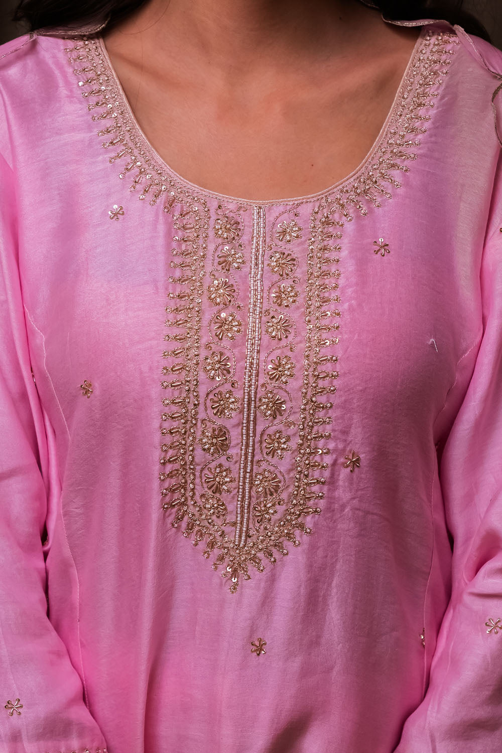 Light Pink Chanderi Golden Embroidered Suit Set