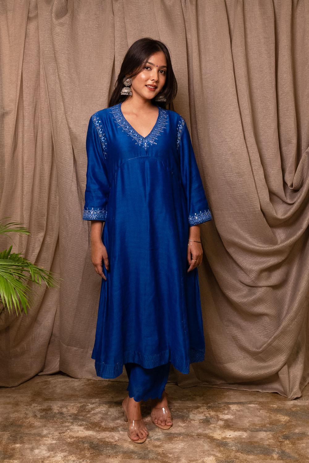 Electric Blue Chanderi Silk Embroidered Suit Set