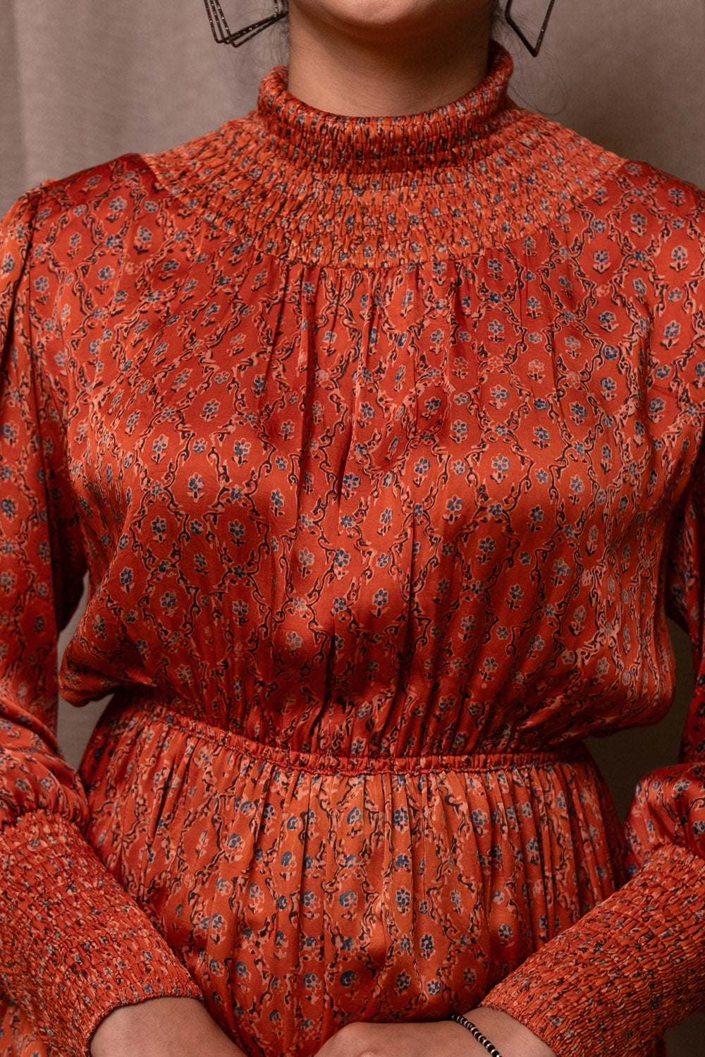 Orange and Blue Modal High Neck Smocking Dress