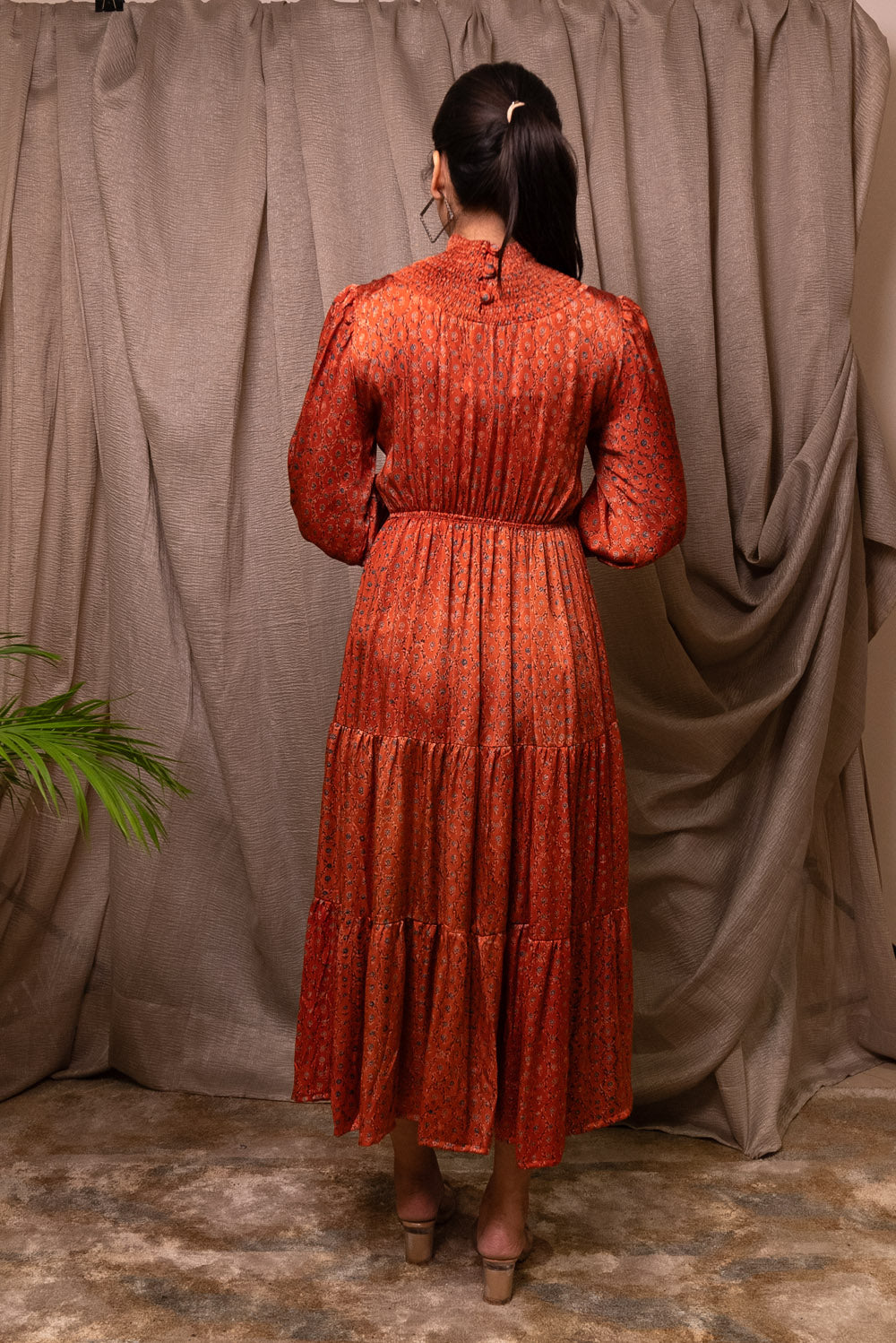 Orange and Blue Modal High Neck Smocking Dress