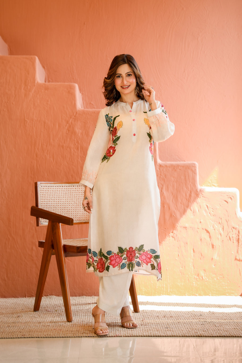 White Placement Floral Print with Red and Yellow Beads Kurta Set- SET OF-2