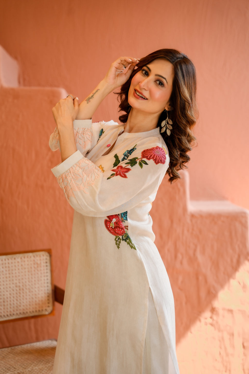 White Placement Floral Print with Red and Yellow Beads Kurta Set- SET OF-2