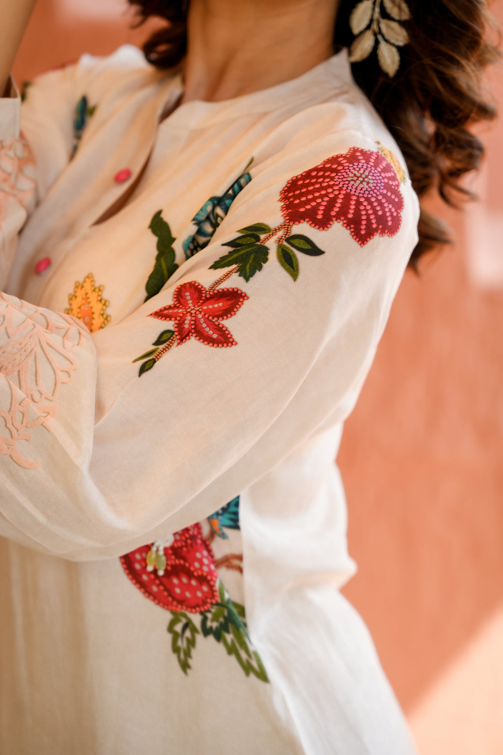 White Placement Floral Print with Red and Yellow Beads Kurta Set- SET OF-2