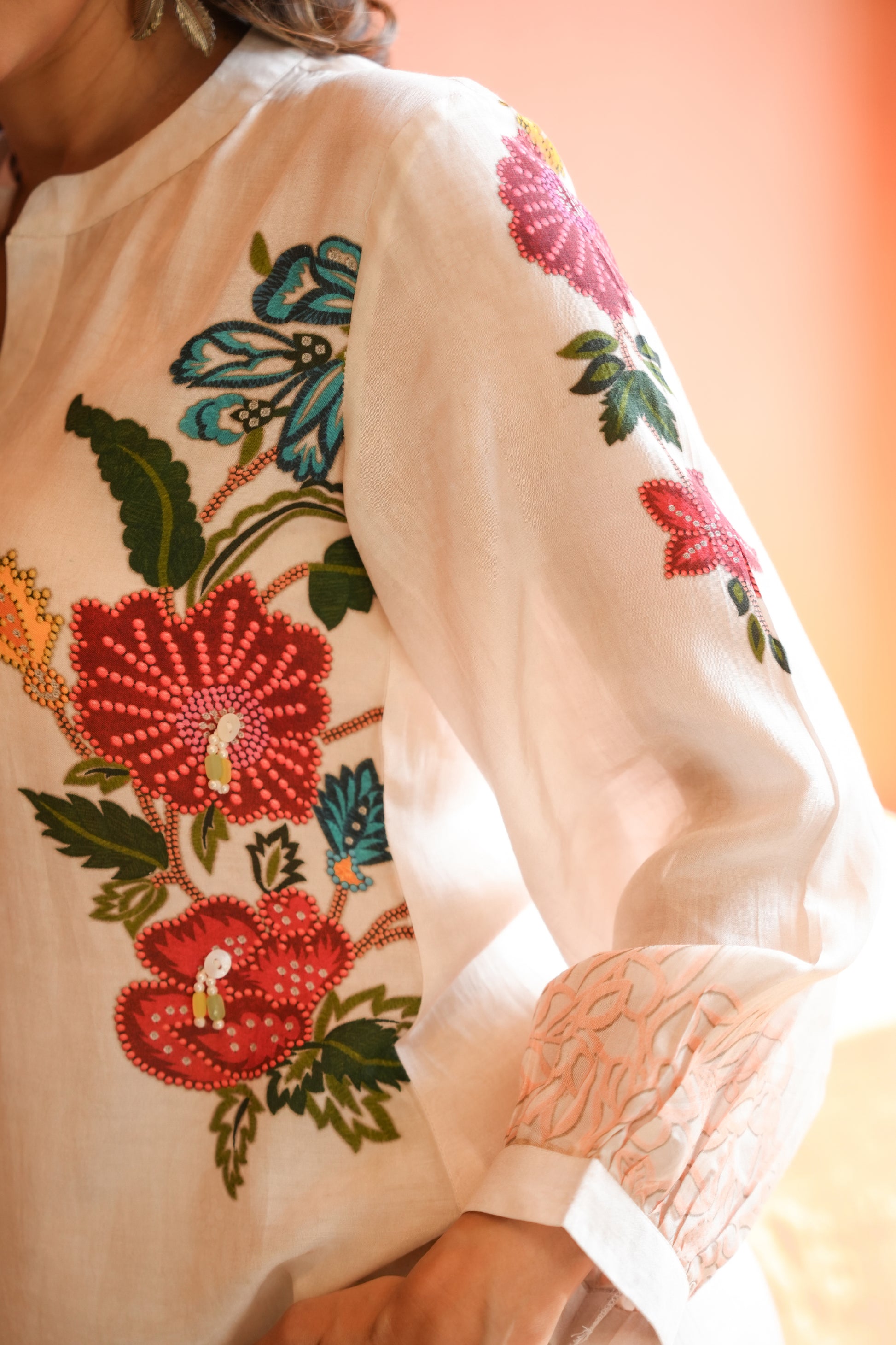 White Placement Floral Print with Red and Yellow Beads Kurta Set- SET OF-2