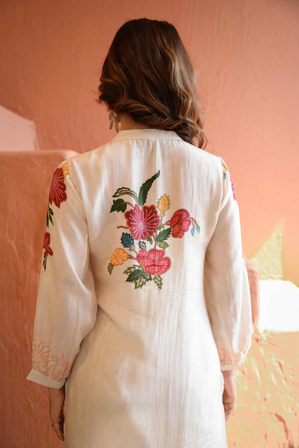 White Placement Floral Print with Red and Yellow Beads Kurta Set- SET OF-2