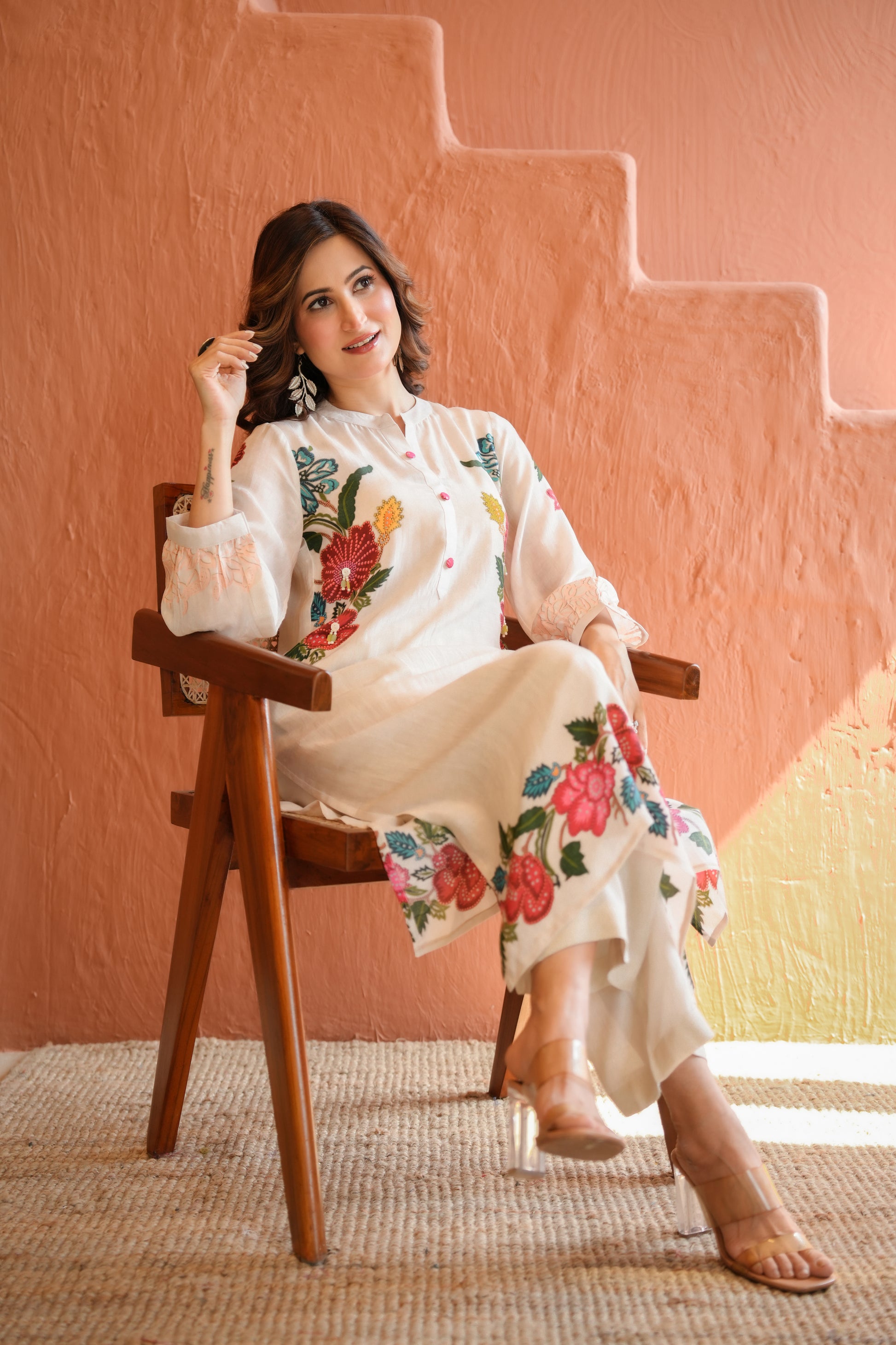 White Placement Floral Print with Red and Yellow Beads Kurta Set- SET OF-2