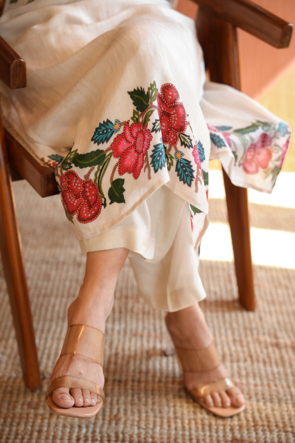 White Placement Floral Print with Red and Yellow Beads Kurta Set- SET OF-2