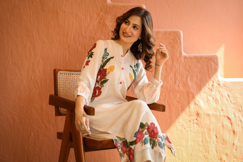 White Placement Floral Print with Red and Yellow Beads Kurta Set- SET OF-2