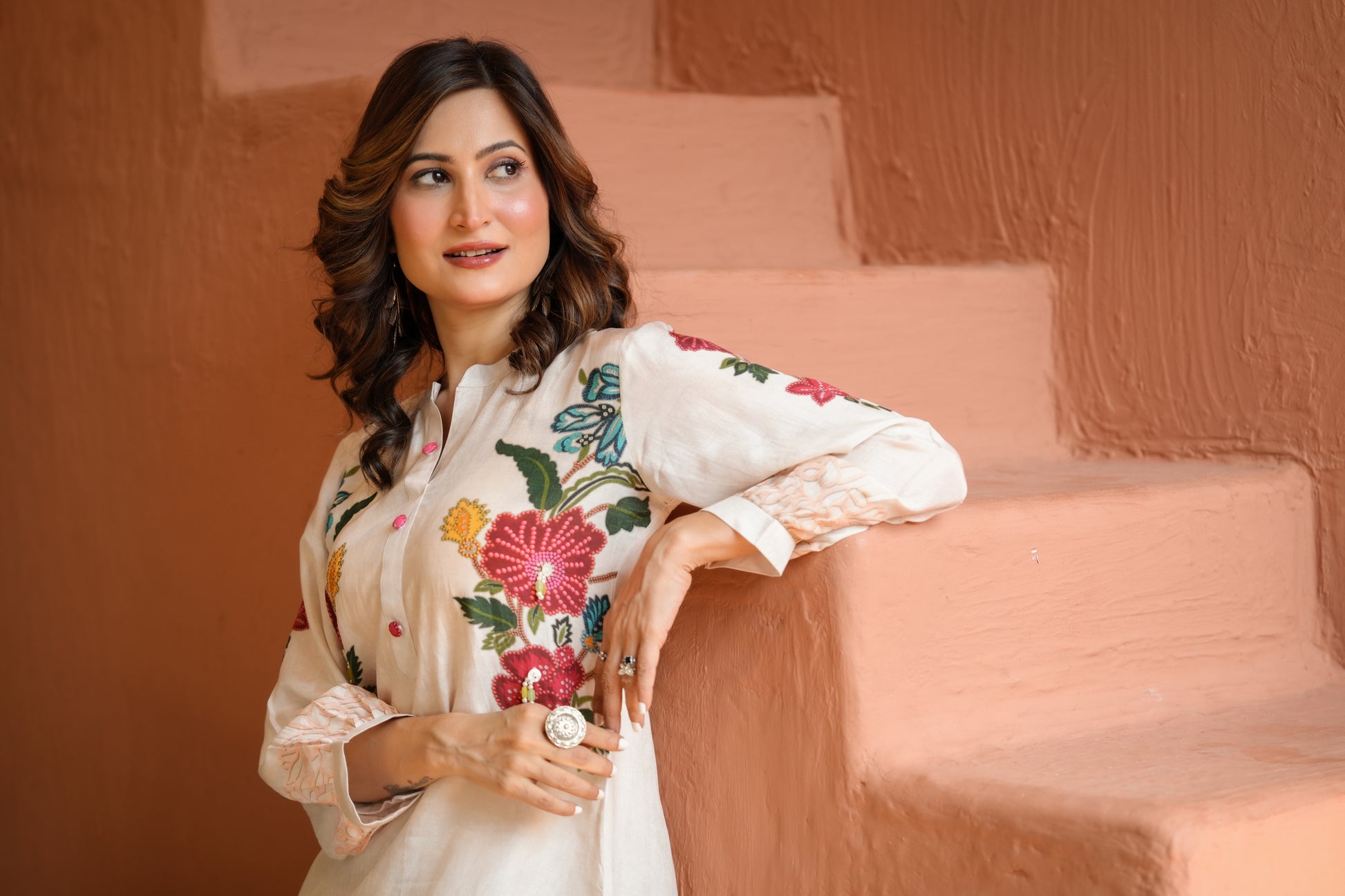 White Placement Floral Print with Red and Yellow Beads Kurta Set- SET OF-2