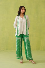CREAM SCARF TOP WITH GREEN PRINTED PANT- II