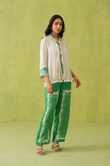 CREAM SCARF TOP WITH GREEN PRINTED PANT- II