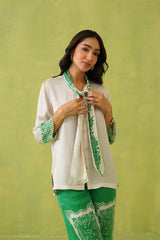 CREAM SCARF TOP WITH GREEN PRINTED PANT- II