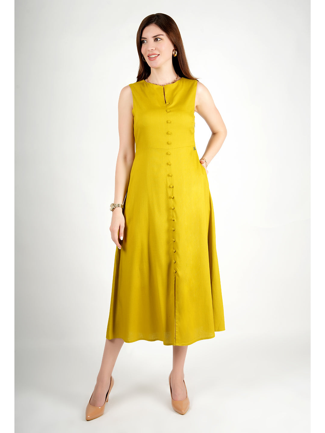 Exude Glowing Front Button Dress With Pockets