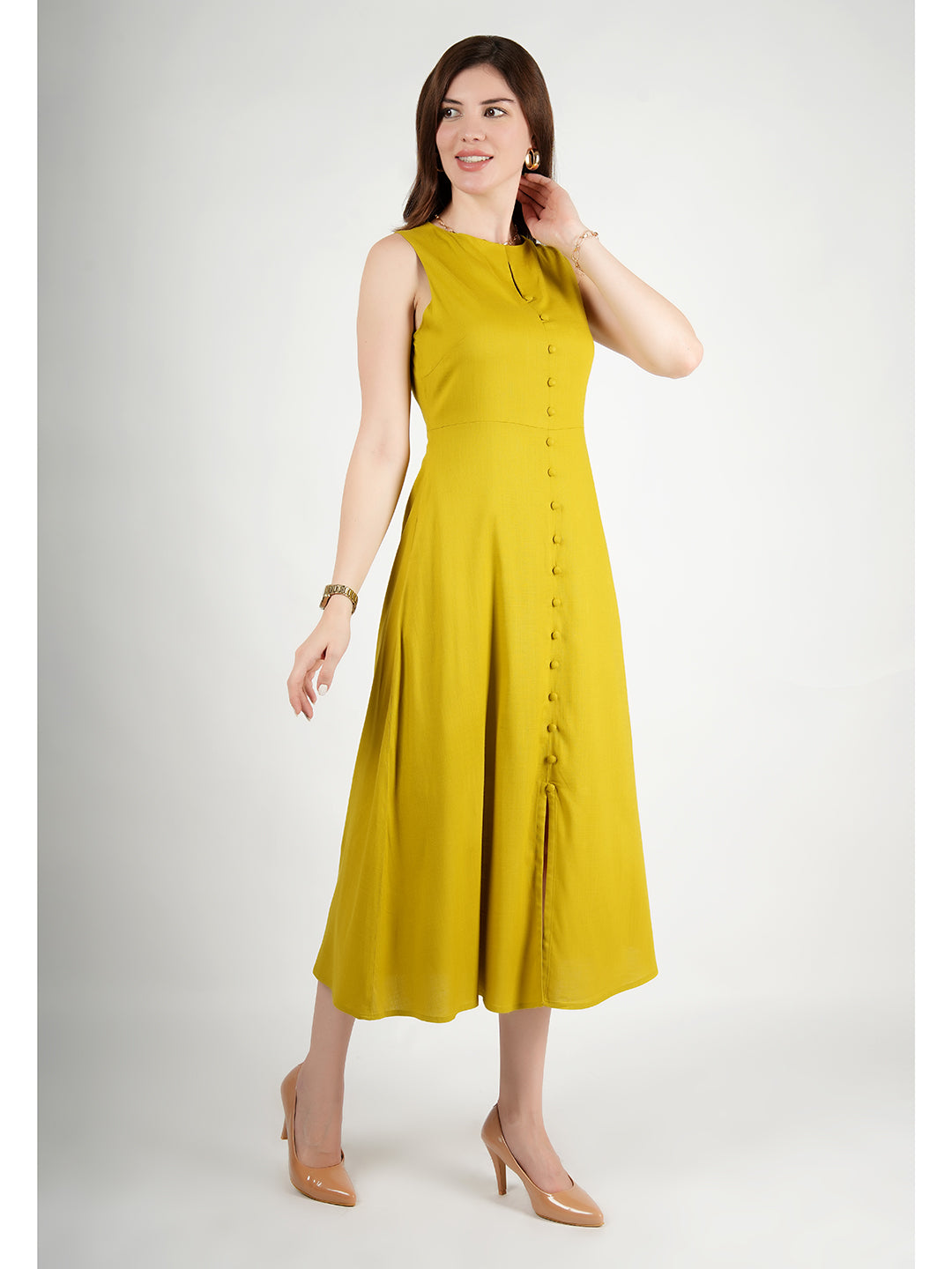 Exude Glowing Front Button Dress With Pockets