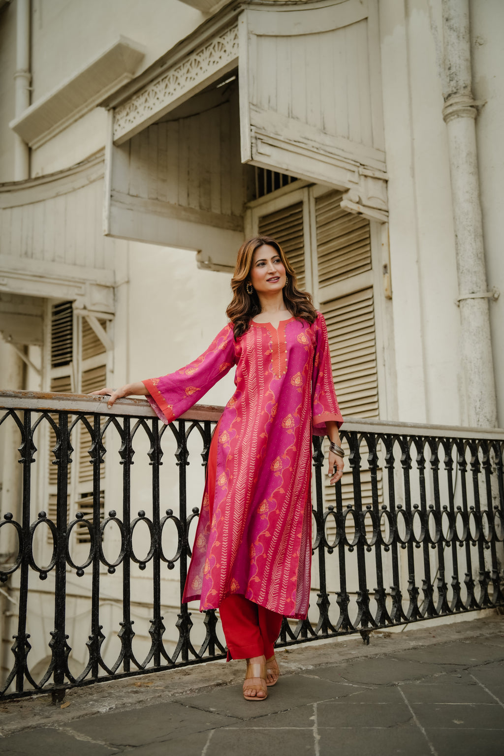 Pink and Orange Panel Print Muslin Kurta Set with Tassels on Sleeves- SET OF-2