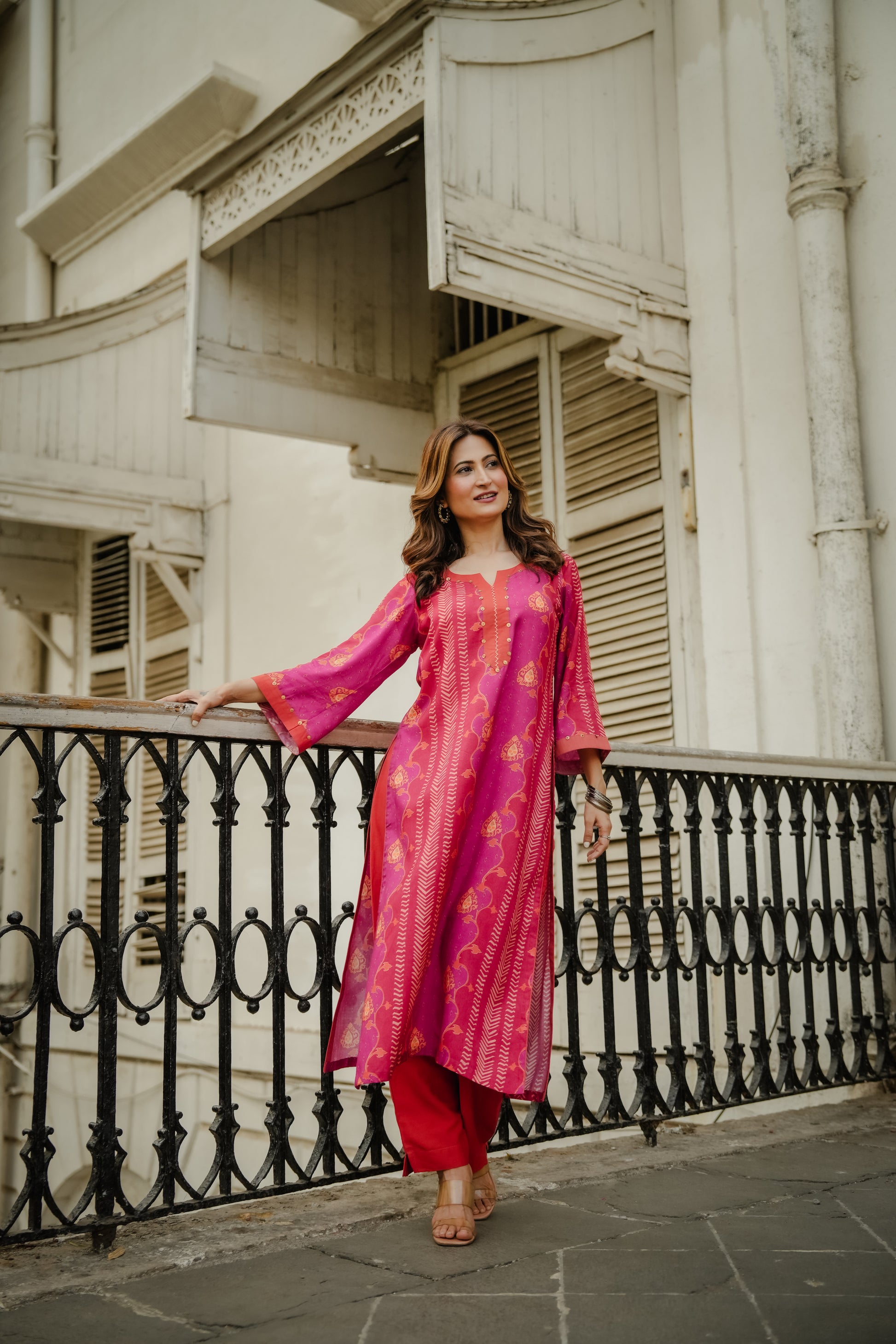 Pink and Orange Panel Print Muslin Kurta Set with Tassels on Sleeves- SET OF-2