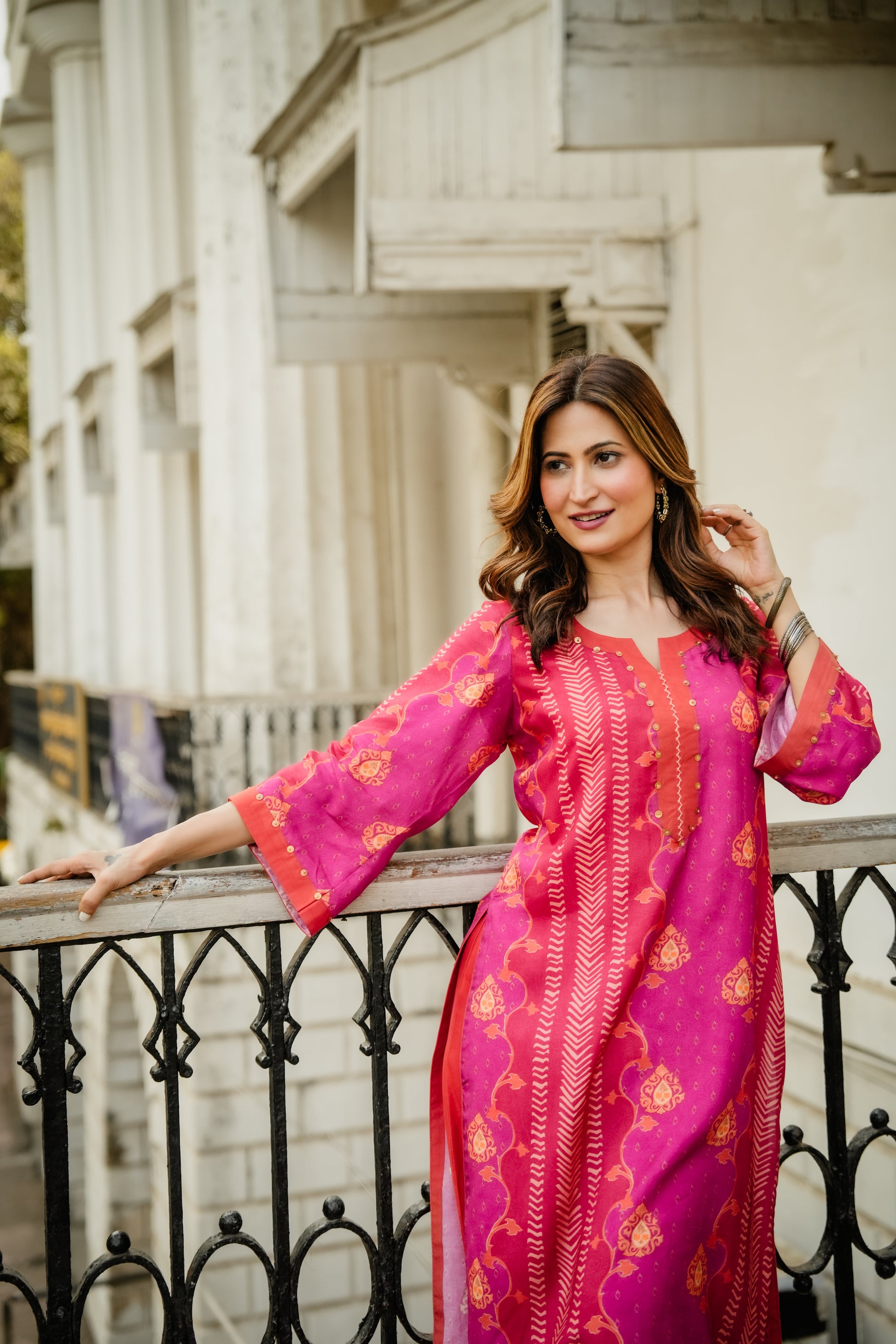 Pink and Orange Panel Print Muslin Kurta Set with Tassels on Sleeves- SET OF-2