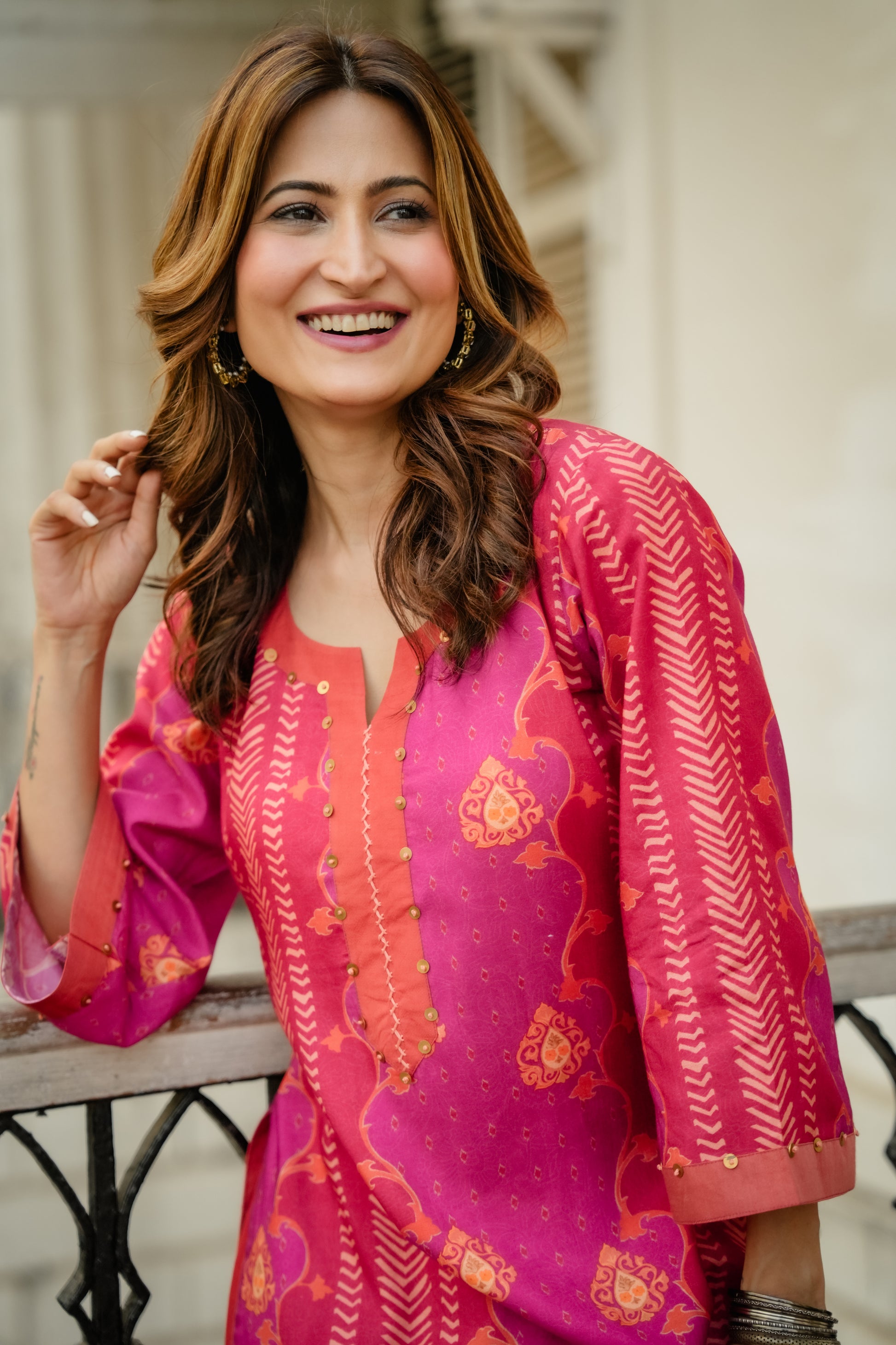 Pink and Orange Panel Print Muslin Kurta Set with Tassels on Sleeves- SET OF-2