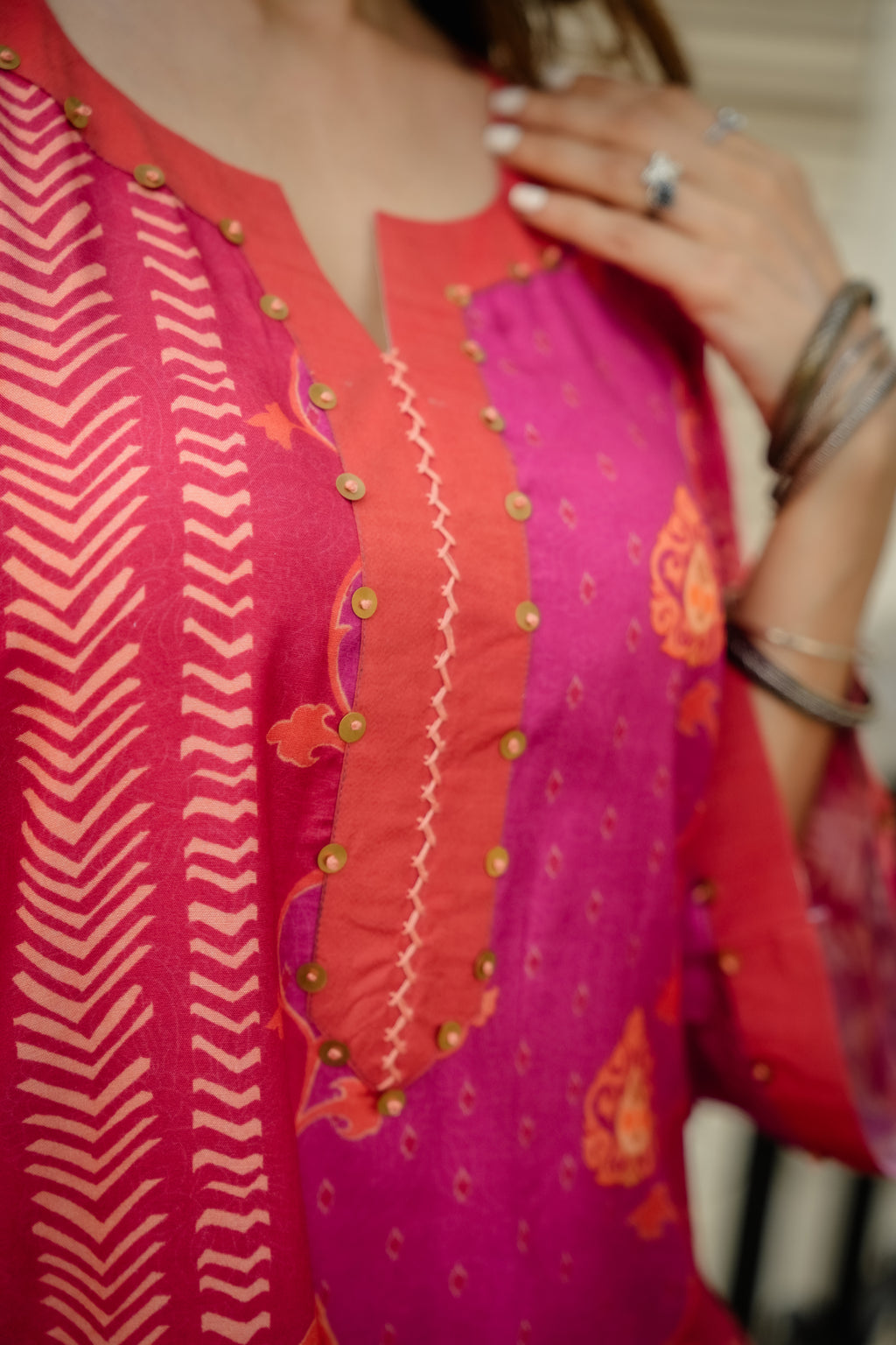 Pink and Orange Panel Print Muslin Kurta Set with Tassels on Sleeves- SET OF-2