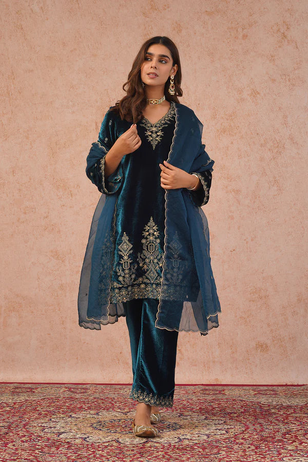 TEAL BLUE VELVET EMBROIDERED SUIT- II
