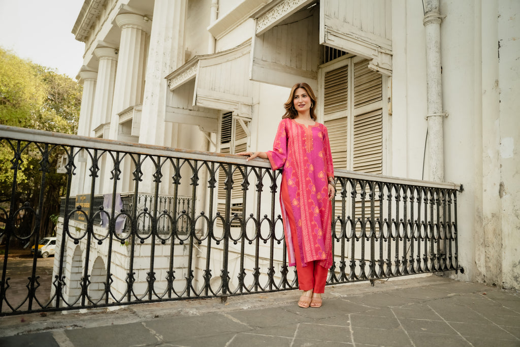 Pink and Orange Panel Print Muslin Kurta Set with Tassels on Sleeves- SET OF-2