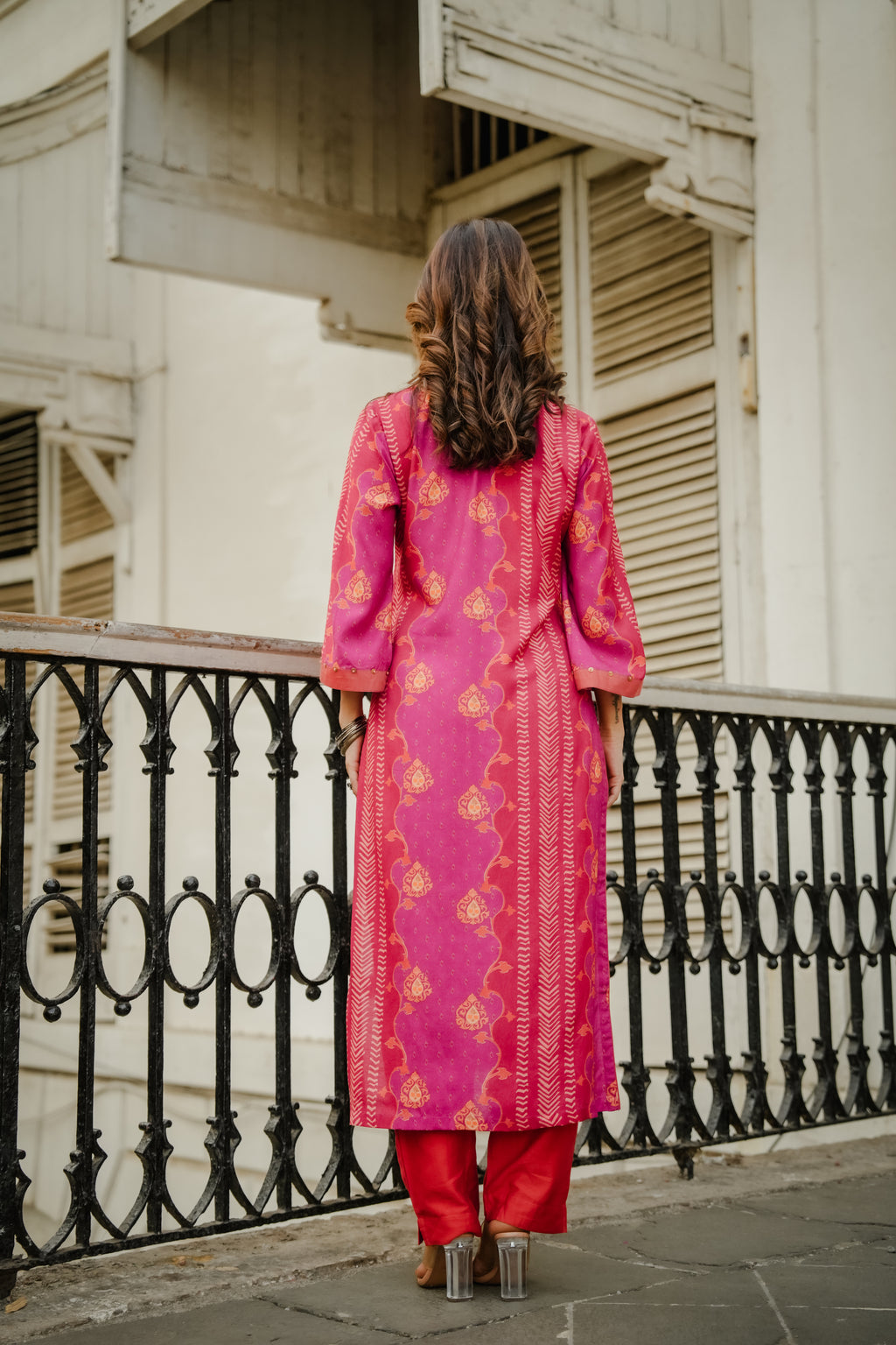 Pink and Orange Panel Print Muslin Kurta Set with Tassels on Sleeves- SET OF-2