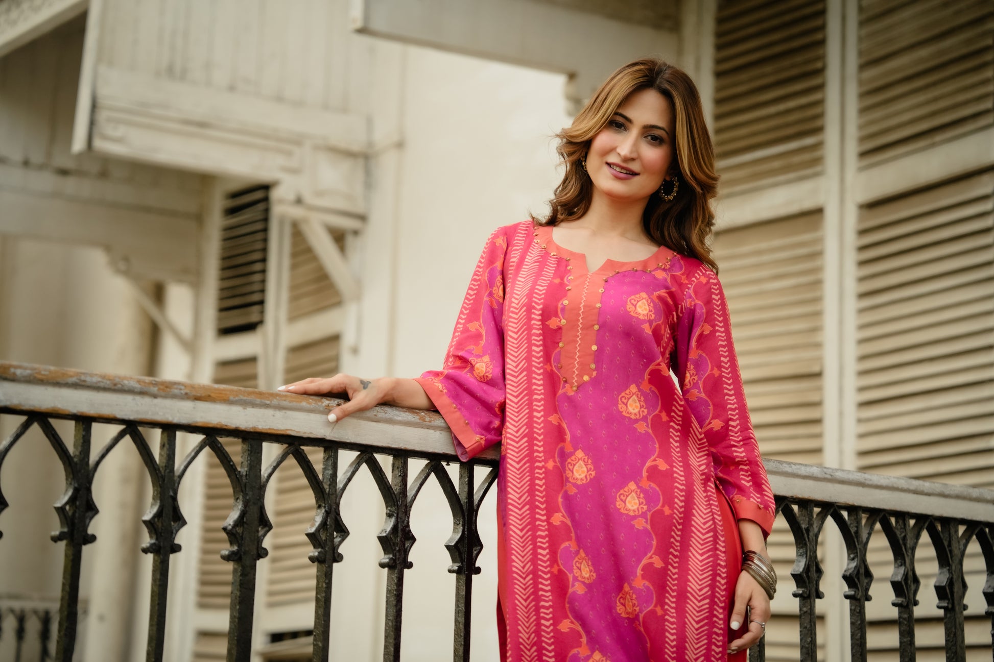 Pink and Orange Panel Print Muslin Kurta Set with Tassels on Sleeves- SET OF-2