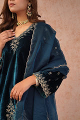 TEAL BLUE VELVET EMBROIDERED SUIT- II